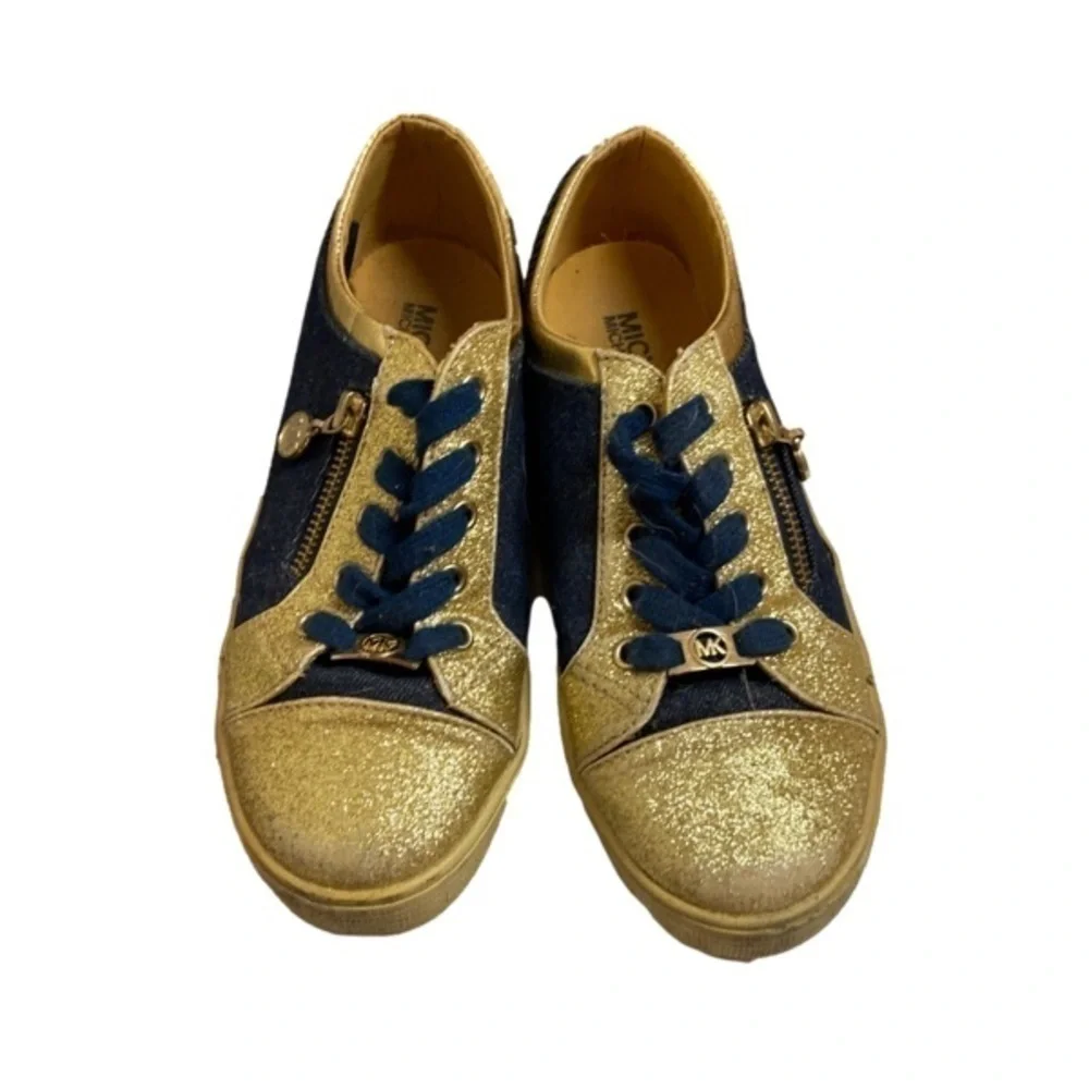 MICHAEL KORS MALAGA DENIM GOLD GLITTER FASHION SNEAKERS SHOES SIZE 4 LACE-UP GUC